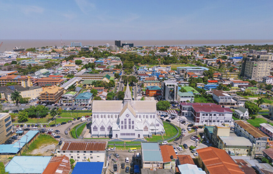 Aerial of downtown Georgetown with St. George's Cathedral Guyana