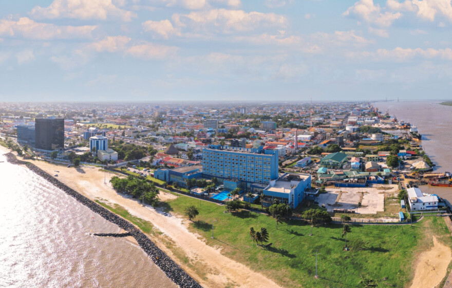 Aerial of downtown Georgetown with Demerara river in Guyana