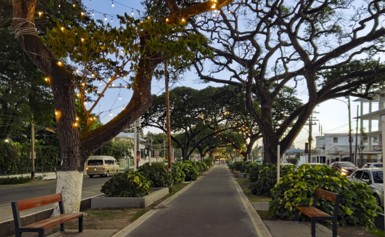 Sunset over the Main Street pedestrian walkway in Georgetown, Guyana
