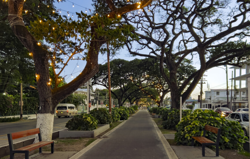 Sunset over the Main Street pedestrian walkway in Georgetown, Guyana