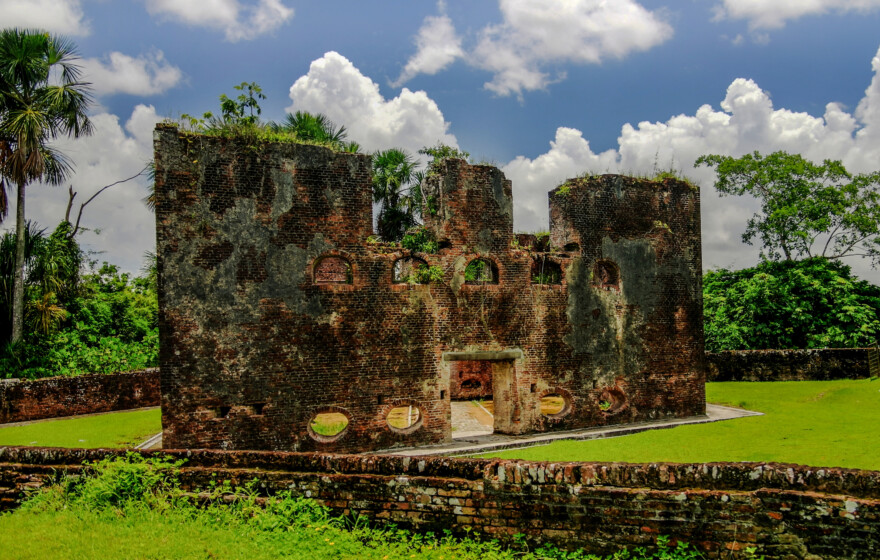 Ruins of zeeland fort on the island in Essequibo delta, Guyana