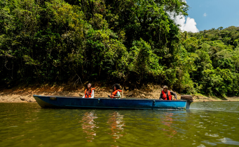 A group of people wearing life jackets enjoy a scenic boat ride along a calm river, surrounded by dense green forest and blue skies.